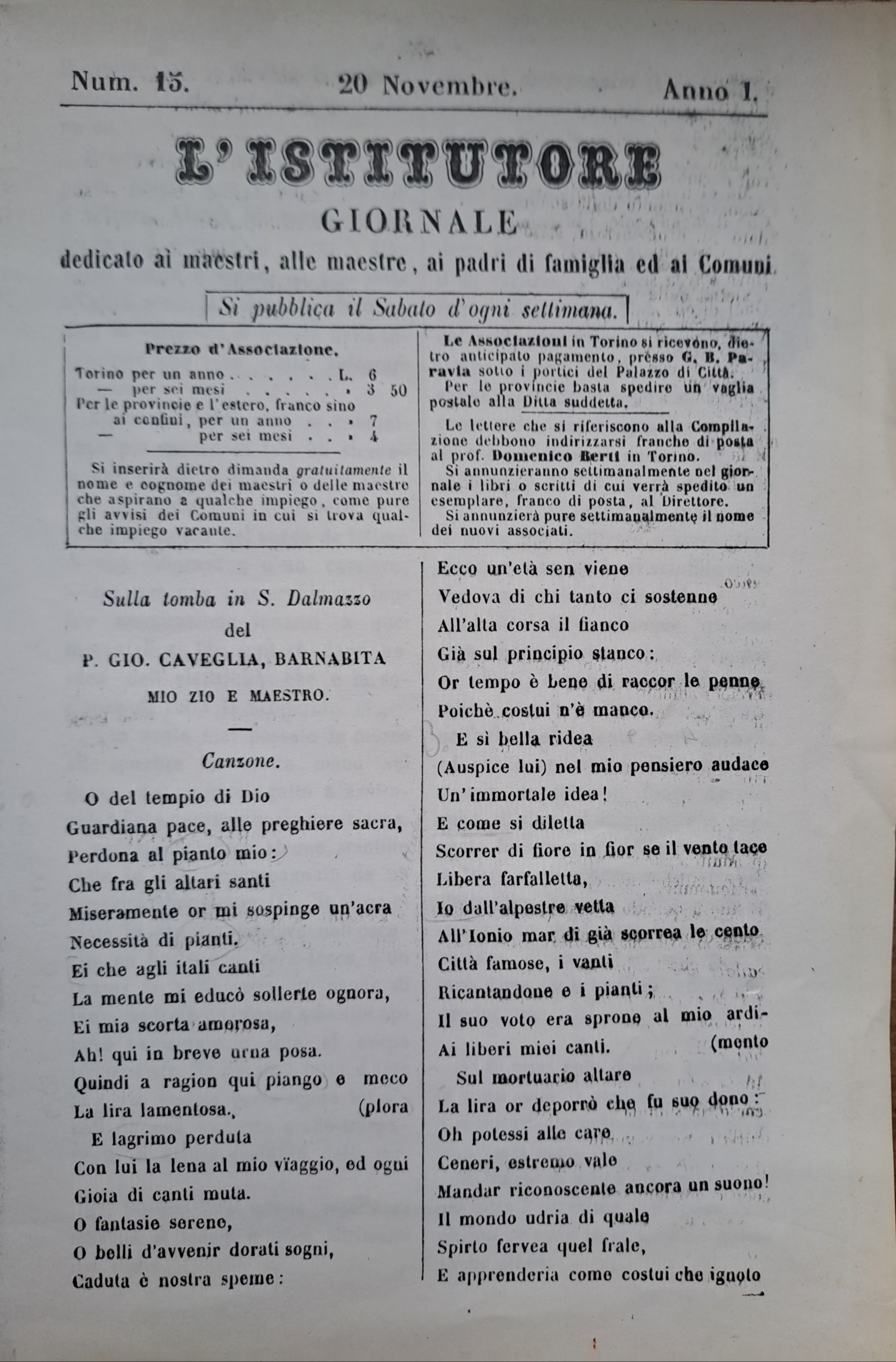 Pubblicazione di una canzone sulla rivista di pedagogia con la quale la Molino Colombini collaborò.